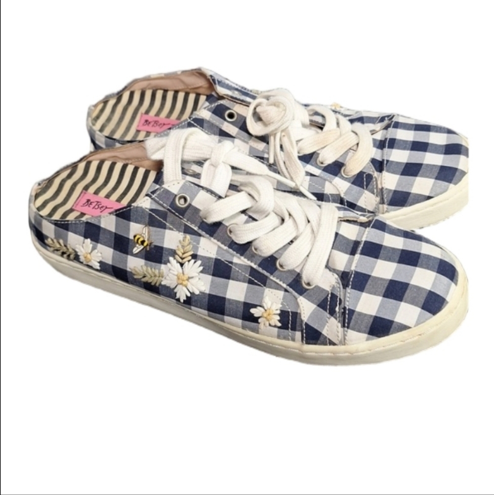 Betsey Johnson Edna Blue Checkered Floral Mules